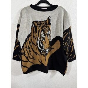 Vintage Turtle Bay Sweater Womens 2XL Brown Tiger Graphic Knit Pullover 80s